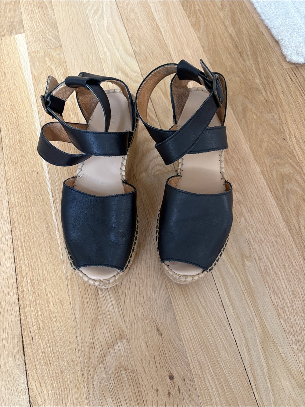 Black Leather Espadrille Wedge Sandals with Ankle Strap